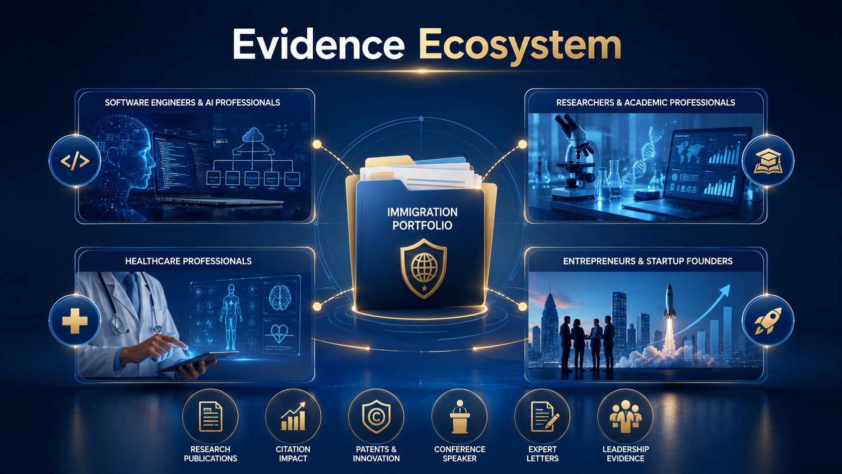 Evidence ecosystem connecting technology, research, healthcare, startup leadership, and immigration portfolio strategy
