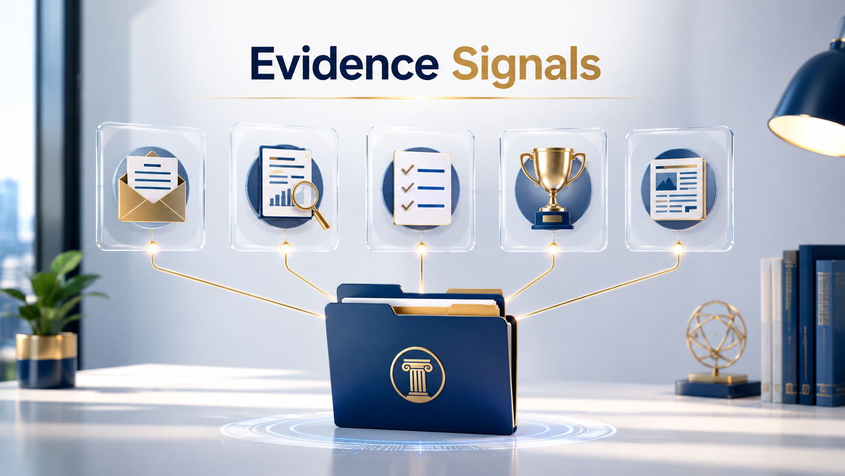 Five connected evidence cards representing expert letters, publications, peer review, awards, and media coverage for an O-1A immigration portfolio.