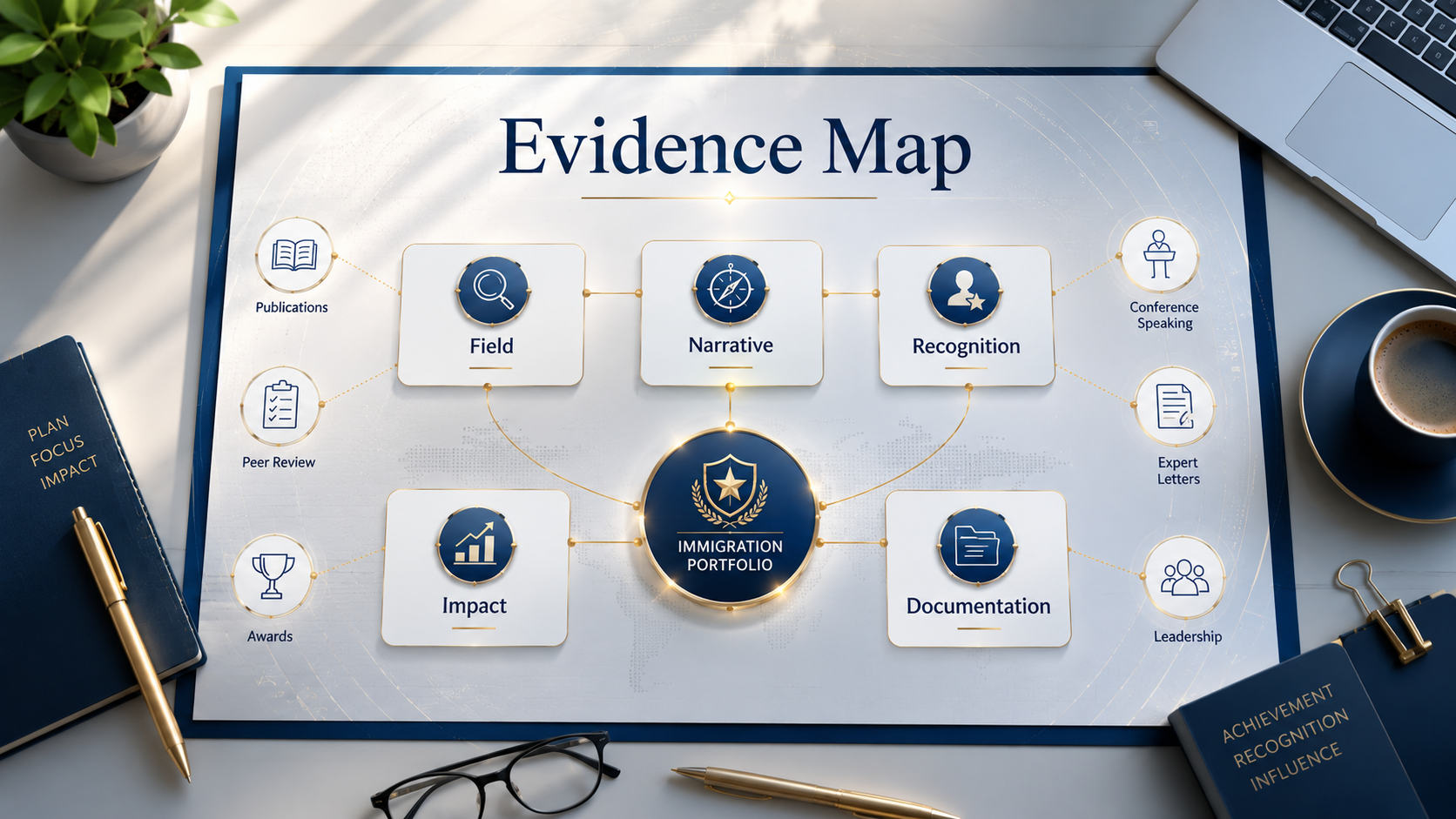 An EB-1A evidence map showing field definition, narrative, recognition, impact, and documentation connected to portfolio evidence cards.