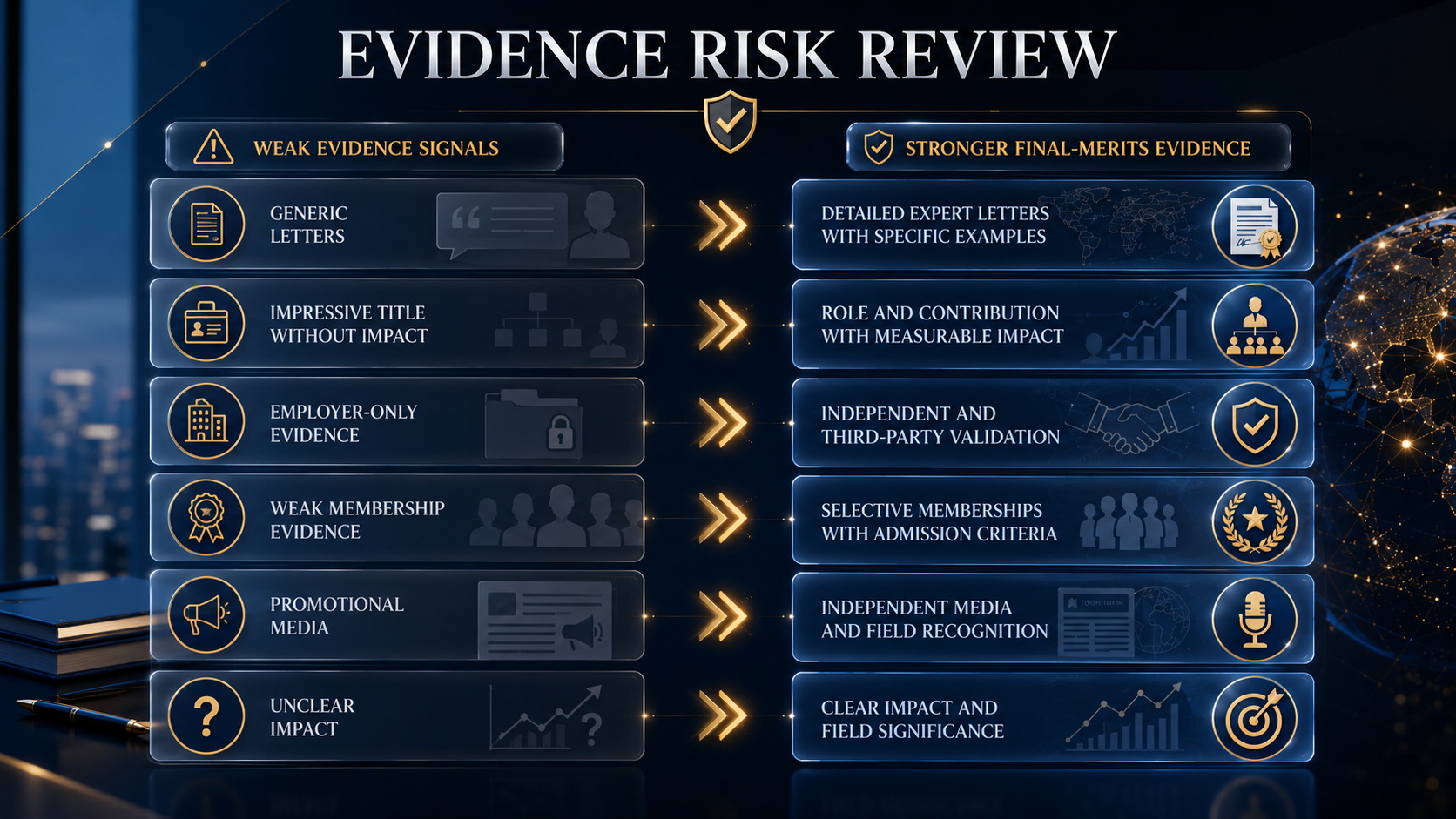 Premium EB-1A evidence risk dashboard comparing common weak evidence with stronger final merits documentation