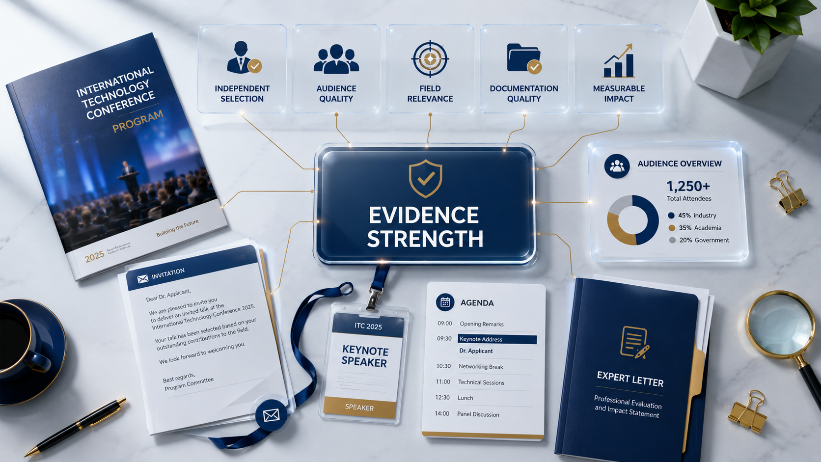 Conference presentation evidence strength review with invitation, program, audience, and impact documentation cards