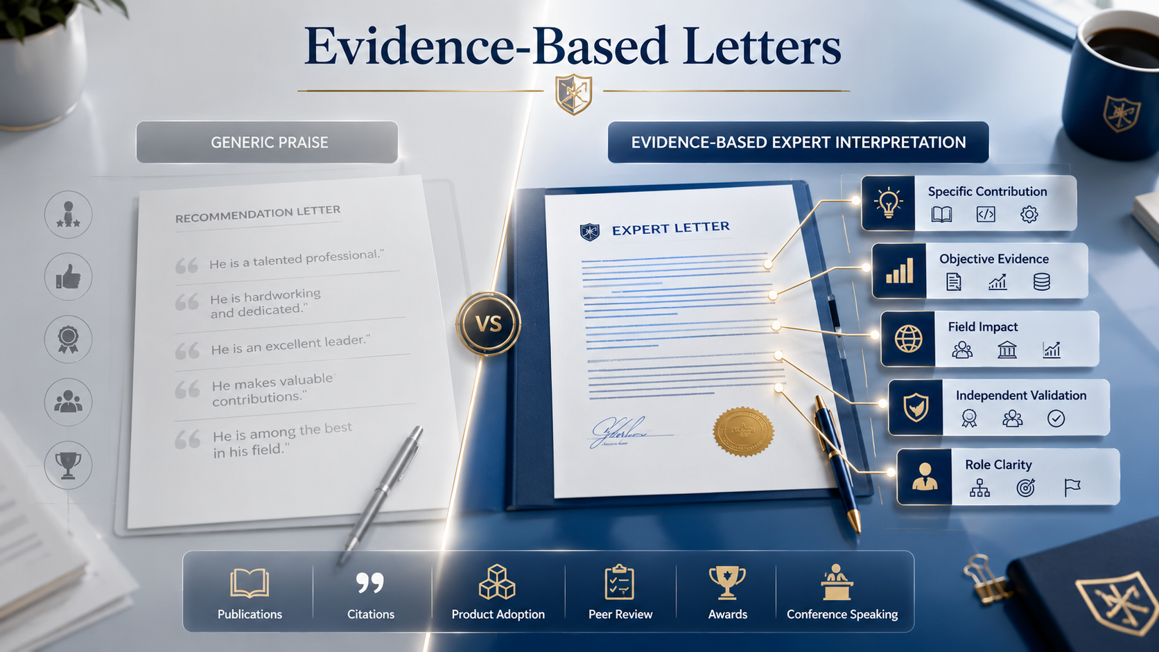 Comparison visual showing generic recommendation letters versus evidence-based expert letters in an immigration portfolio