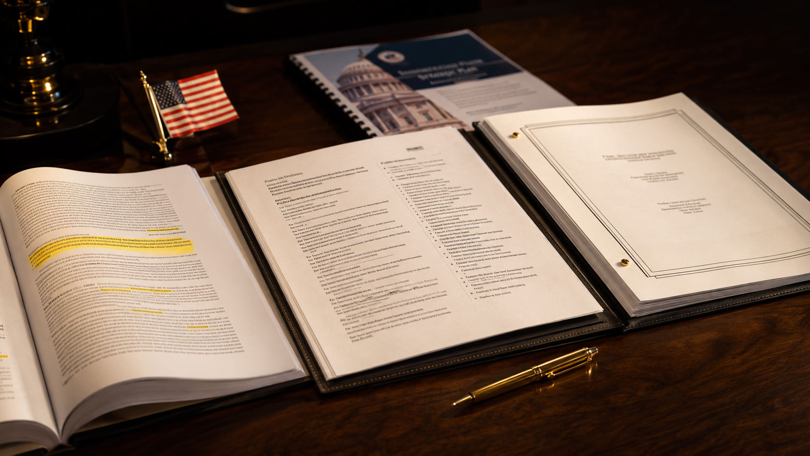 Three Dhanasar prong documents on a professional desk representing the three-part EB-2 NIW legal framework with a gold pen and federal policy reference materials