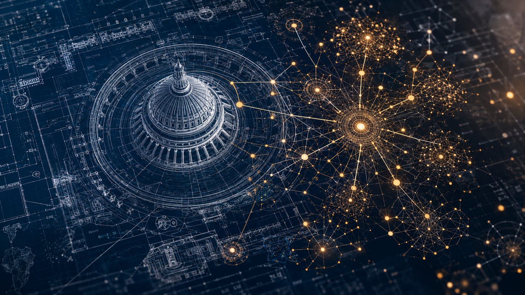 Overhead editorial visualization of Capitol architecture and data network representing the intersection of national policy priorities and individual professional contributions in EB-2 NIW petitions