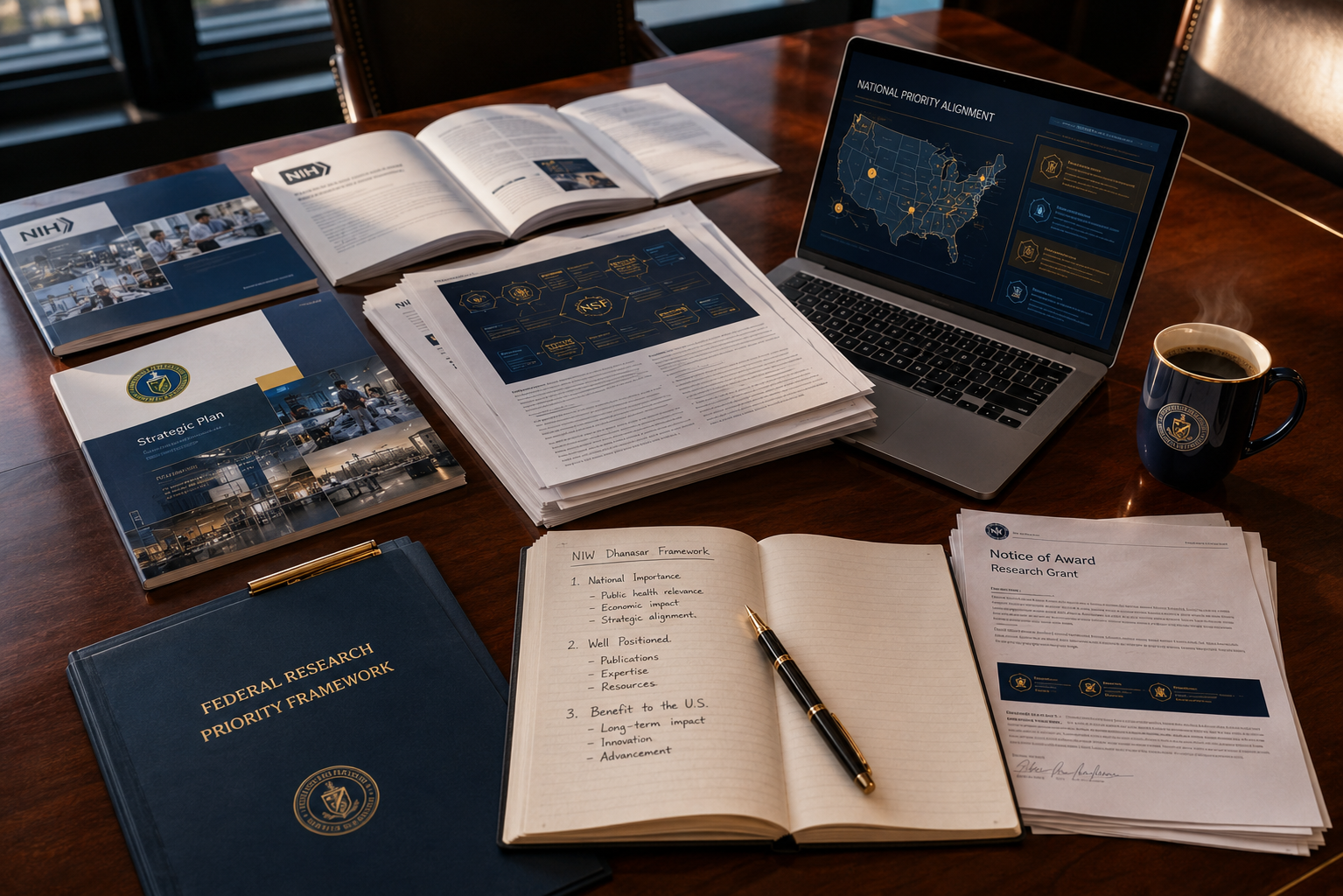 Organized collection of federal agency strategic plan documents, research papers, and a policy alignment map on a conference table representing EB-2 NIW national importance documentation strategy