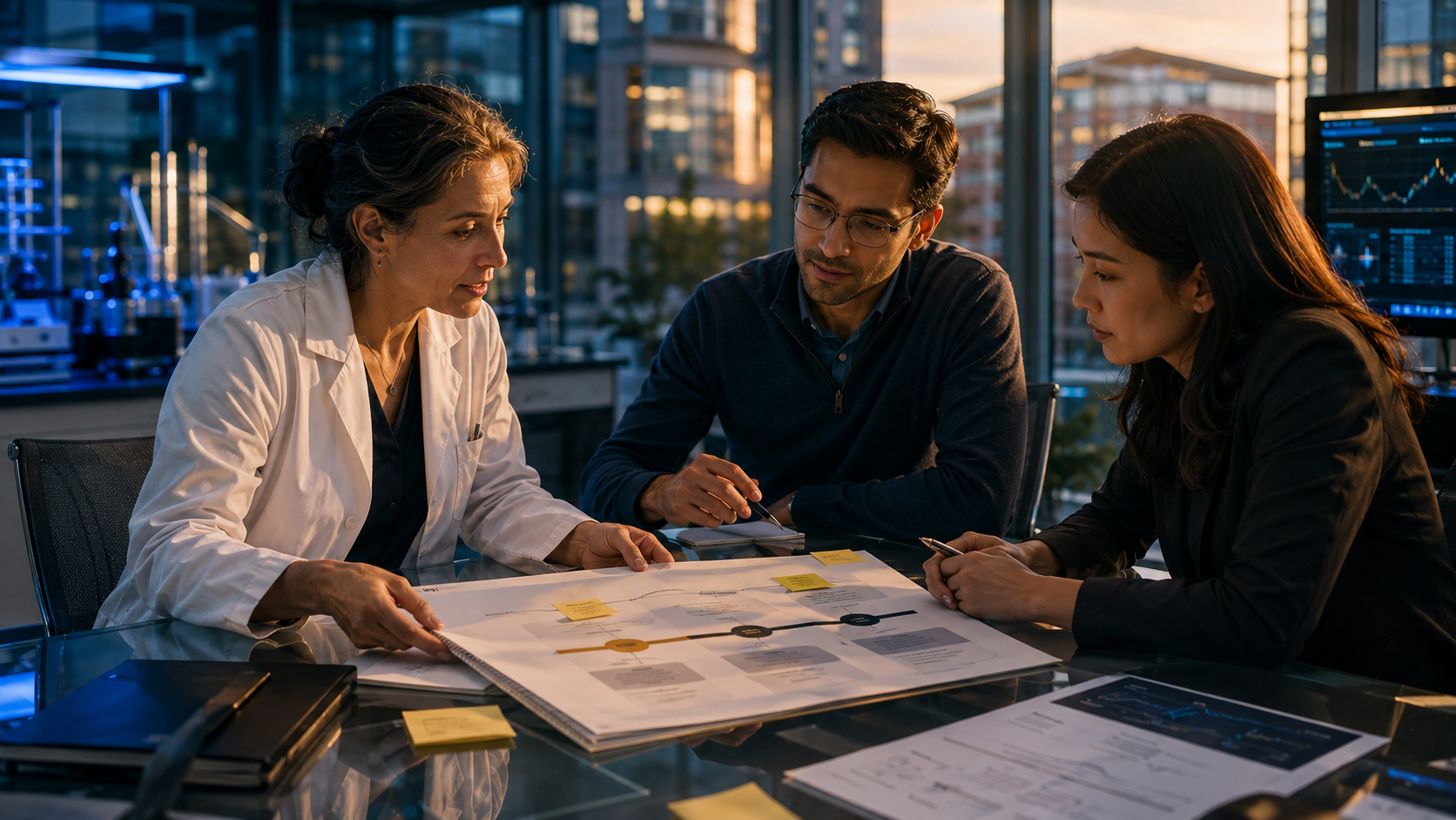 Three professionals from different fields collaborating on an EB-2 NIW immigration petition strategy document in a modern innovation center setting