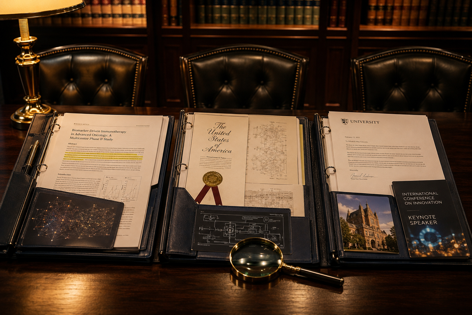 Three open dossier folders on a dark conference table representing different EB-1A applicant profiles — researcher, engineer, and faculty — with highlighted documents, patent certificates, and conference programs