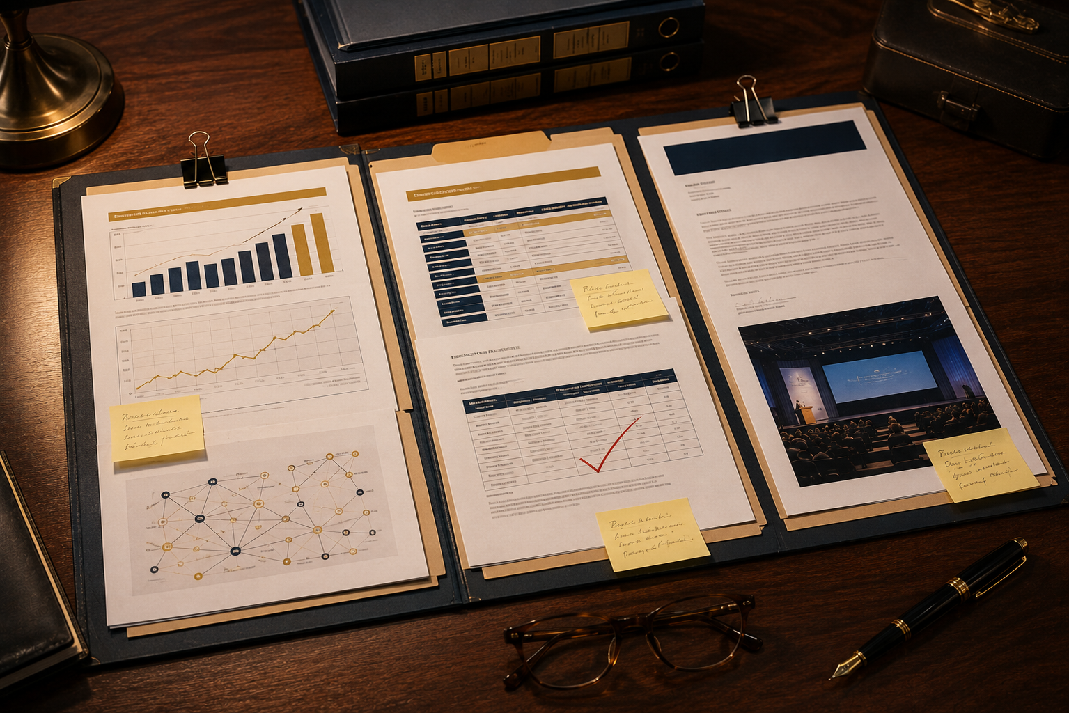Overhead flat lay of an EB-1A evidence review board with organized columns showing citation benchmarks, salary comparisons, and conference invitation letters annotated with a fountain pen