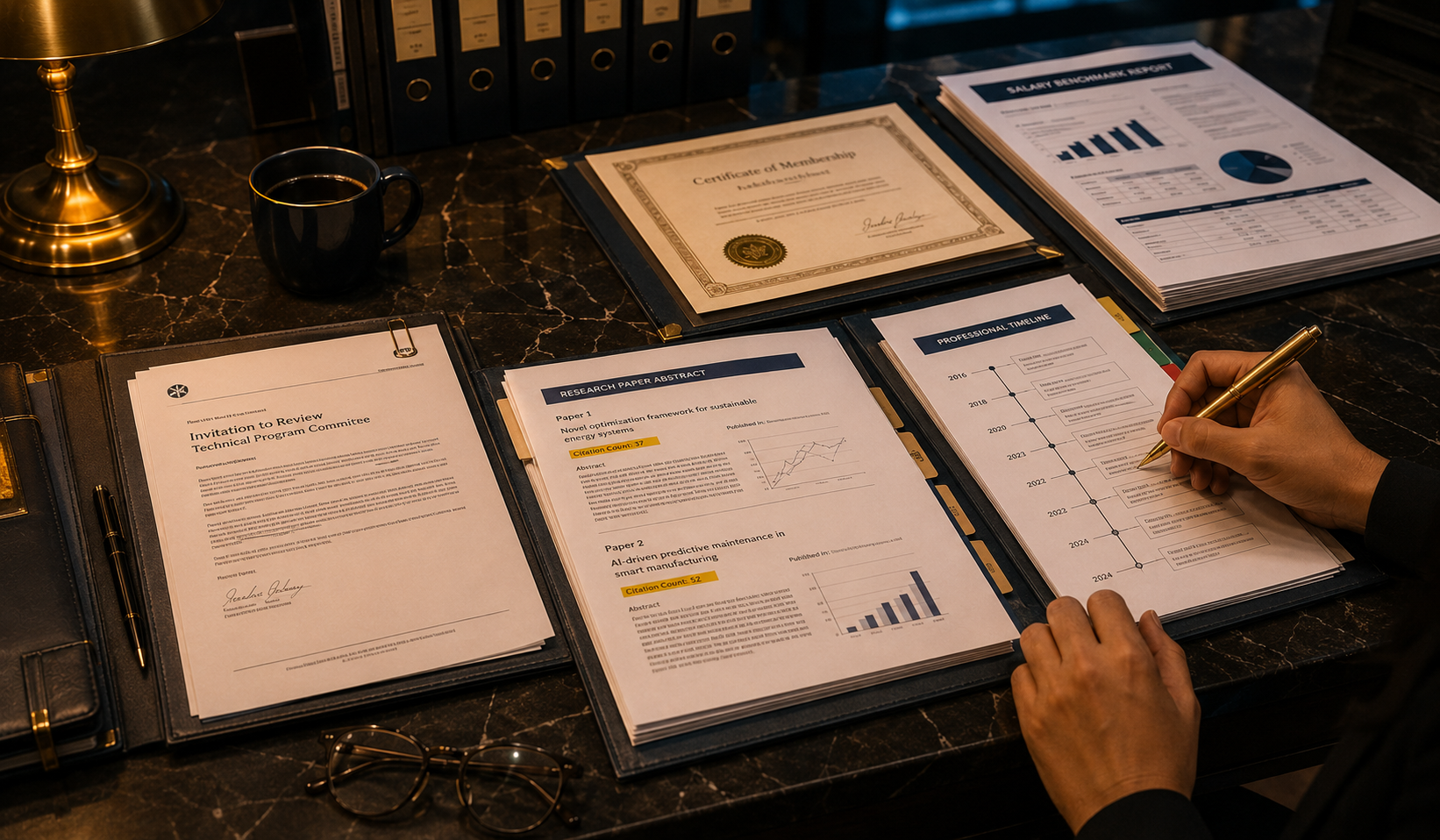 A professionally organized O-1A immigration evidence file spread on a dark desk, including peer review letters, citation records, and professional certificates