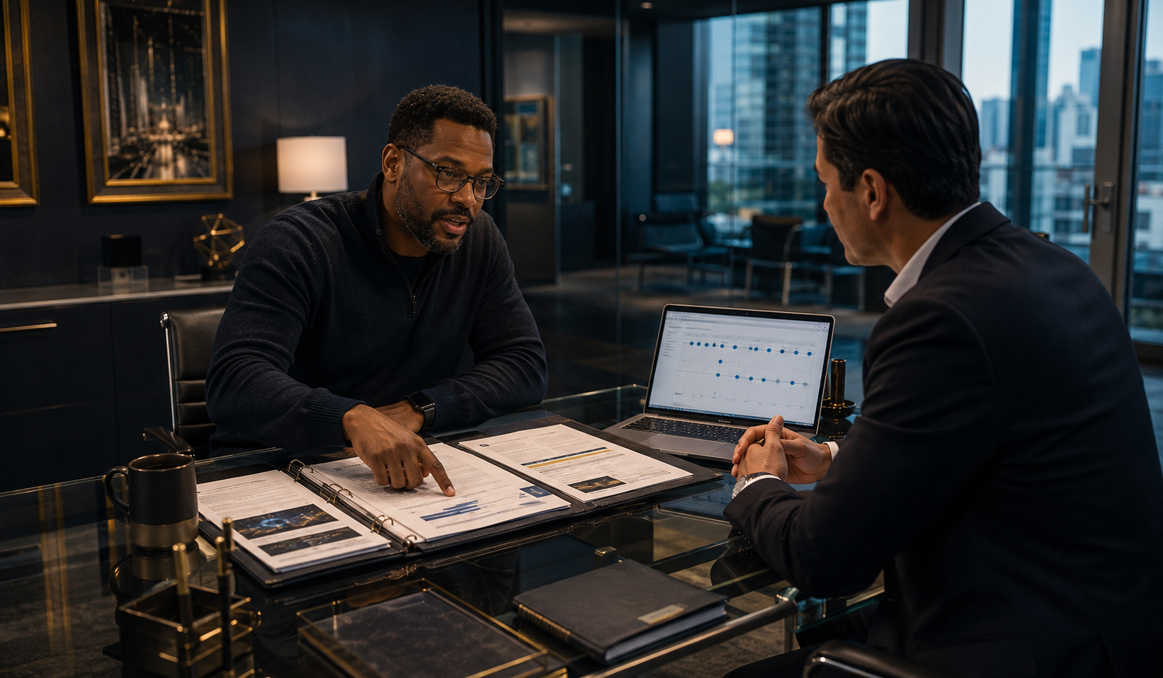 An AI professional consulting with an immigration evidence strategist, reviewing a portfolio of O-1A petition documents in a modern meeting room