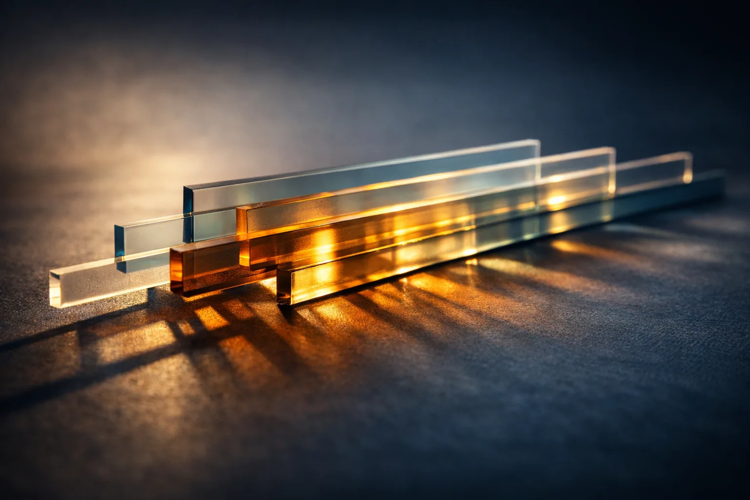 Layered translucent glass bands of varying lengths representing overlapping phases of an eighteen-month preparation sequence