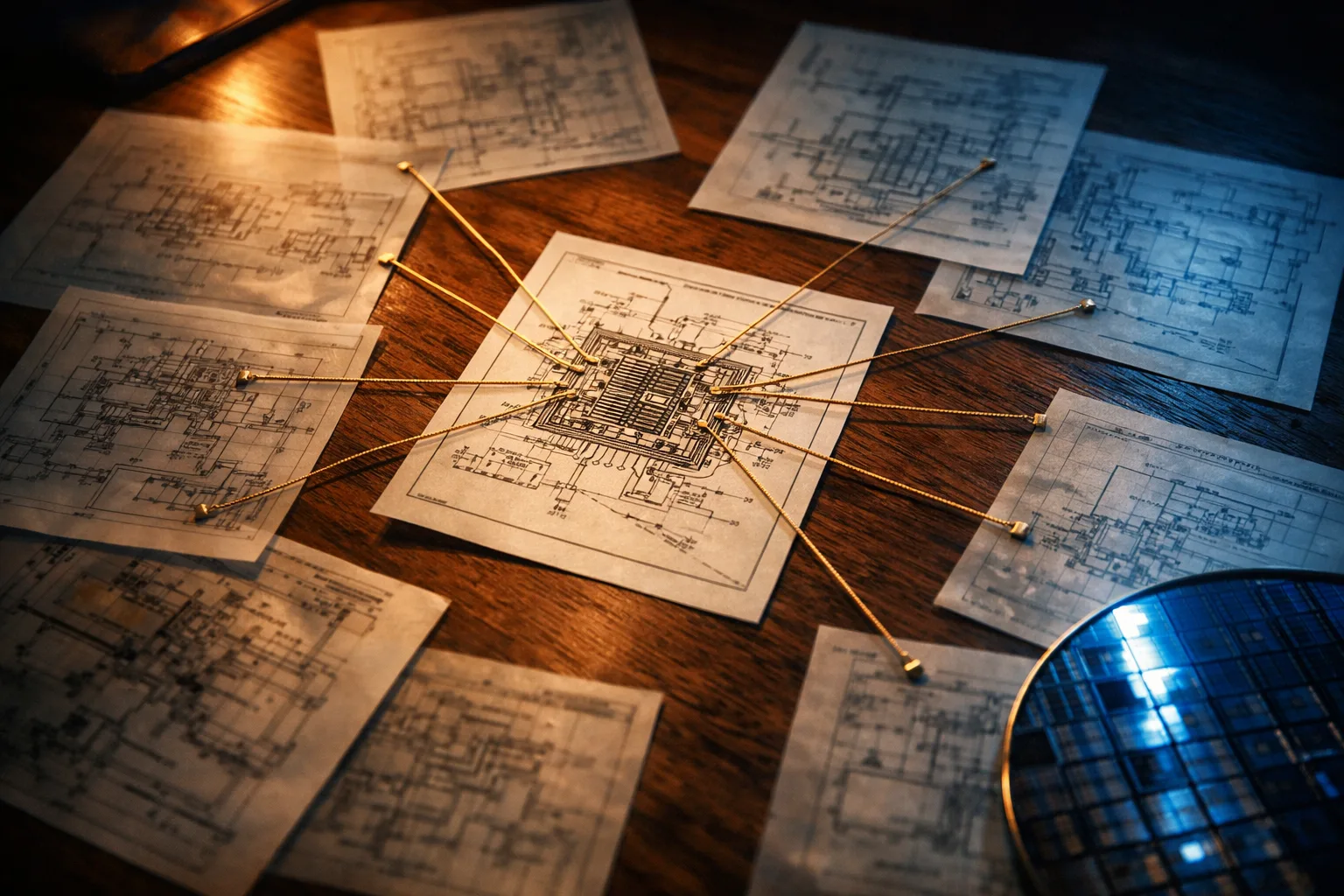 Technical patent documents connected by gold threads representing citation chains radiating from a central invention