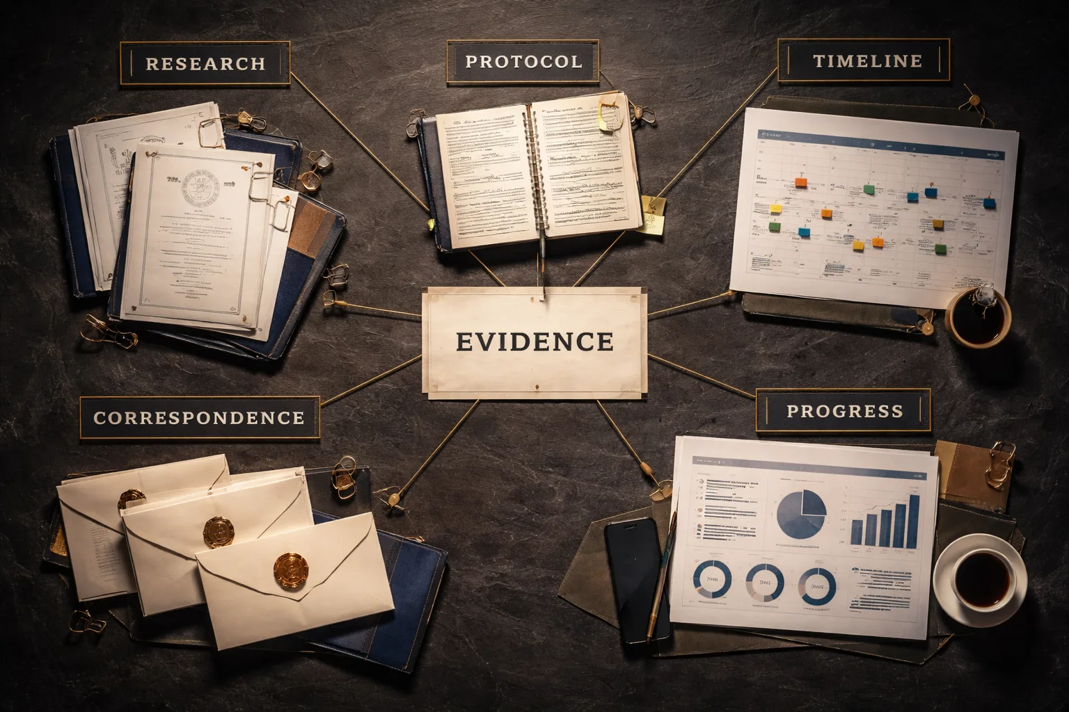 Overhead view of immigration evidence documents arranged into five connected clusters on a dark slate surface