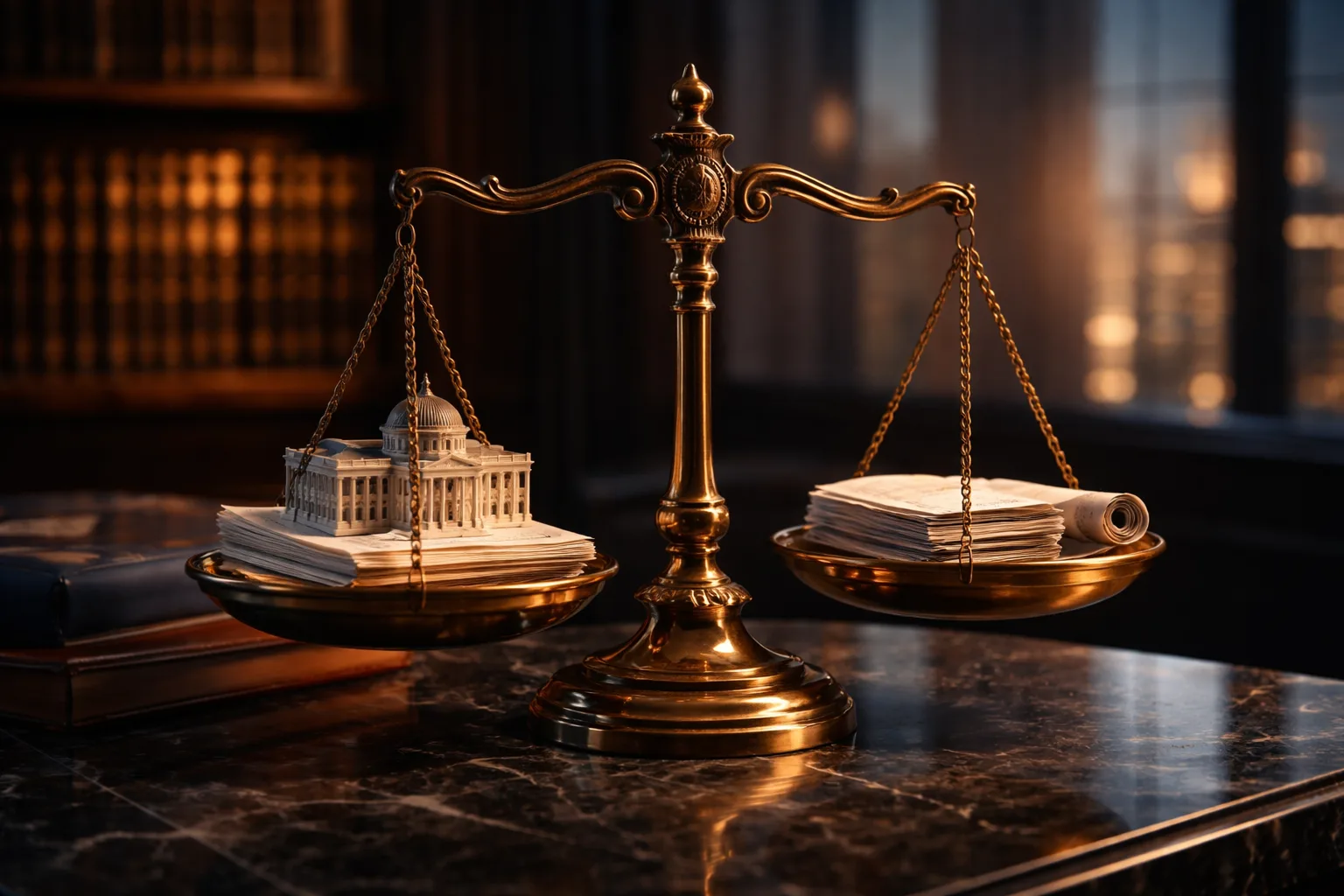 A brass balance scale weighing official documents against labor certification paperwork in a wood-paneled office
