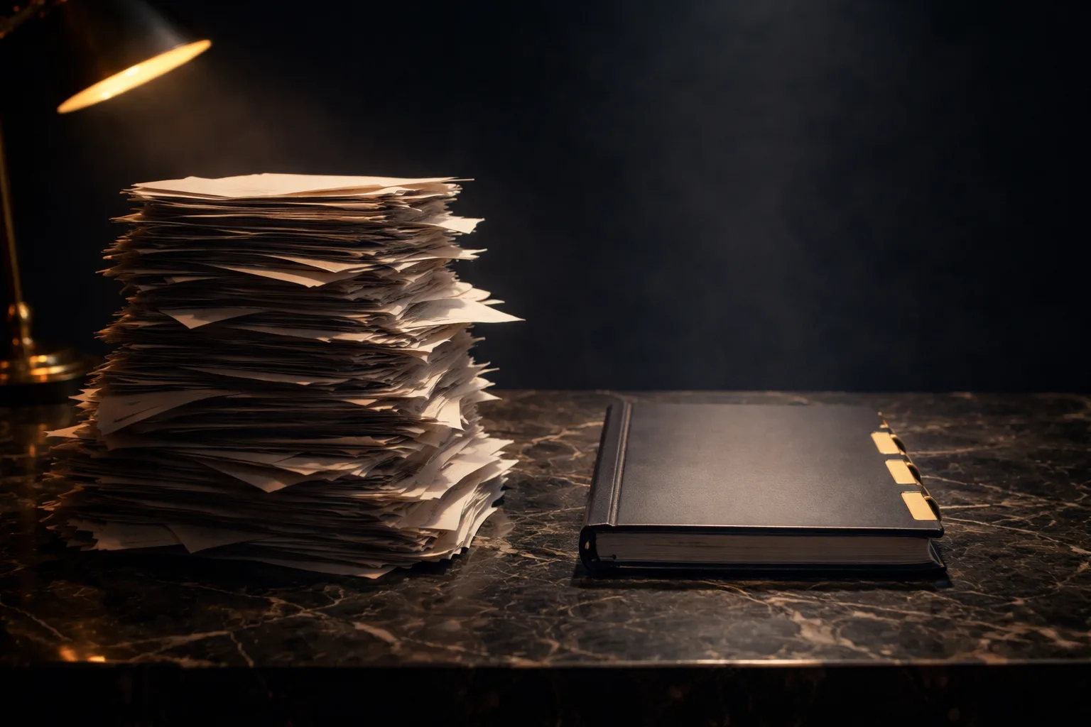 A tall disordered stack of papers beside a slim precisely tabbed dossier, with light favouring the smaller one
