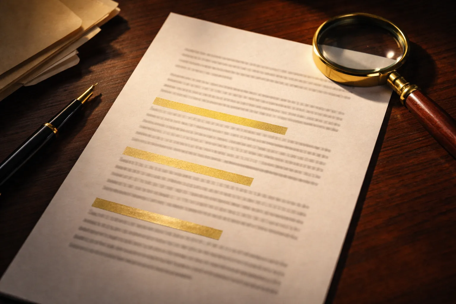 A formal document on a dark desk with three passages marked by gold highlighter strips and a brass magnifying glass alongside
