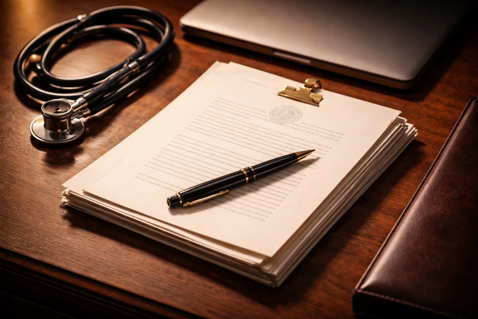 A physician's desk with a coiled stethoscope and a clipped stack of formal correspondence bearing an embossed seal