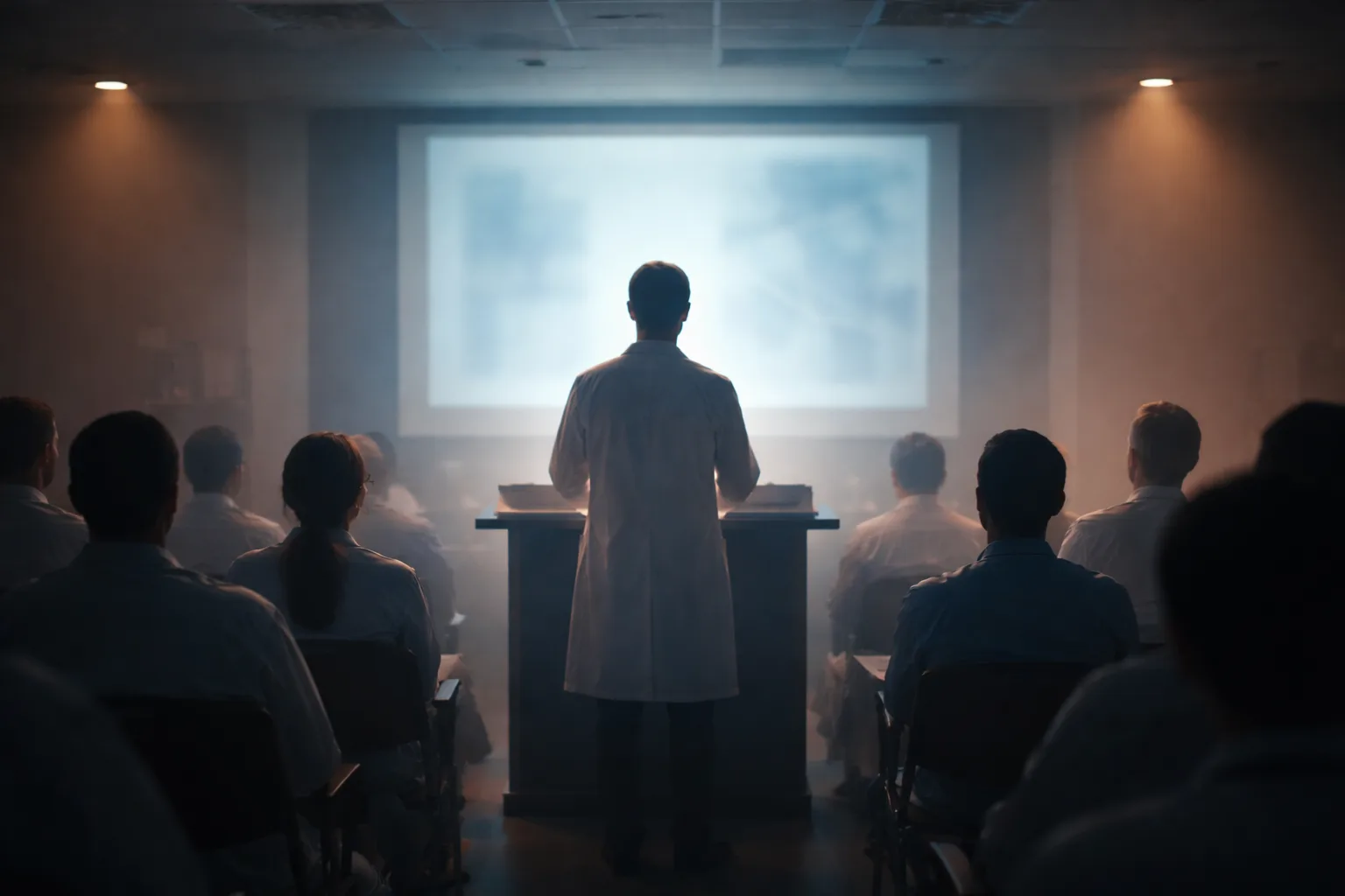 A figure in a white coat presenting at a lectern to seated colleagues in a hospital teaching room, faces indistinct