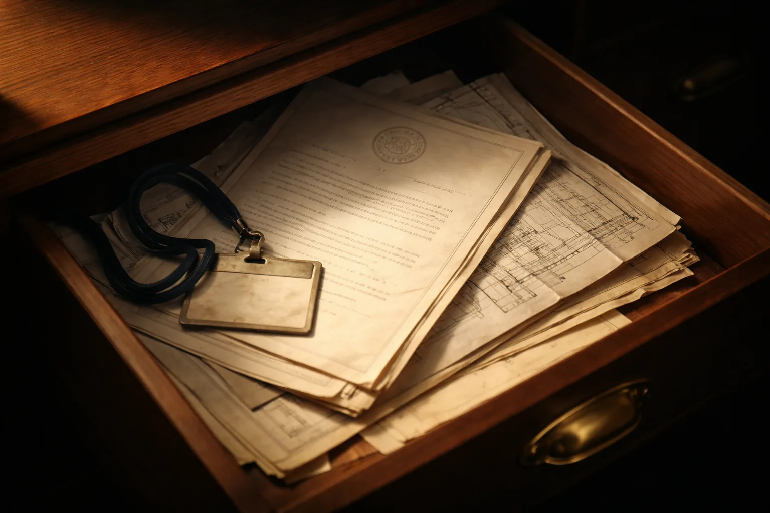 An open desk drawer revealing layers of forgotten documents including a sealed appointment letter and folded technical drawings