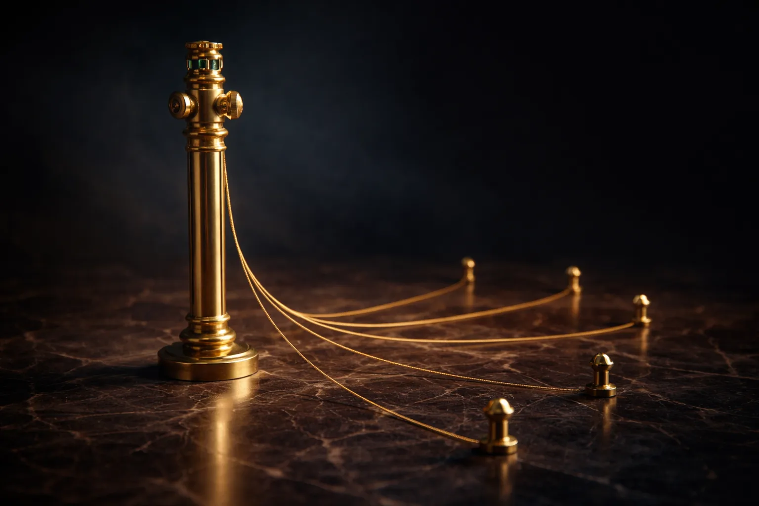 A brass surveyor's instrument with a gold thread linking it to five markers arranged in a widening arc