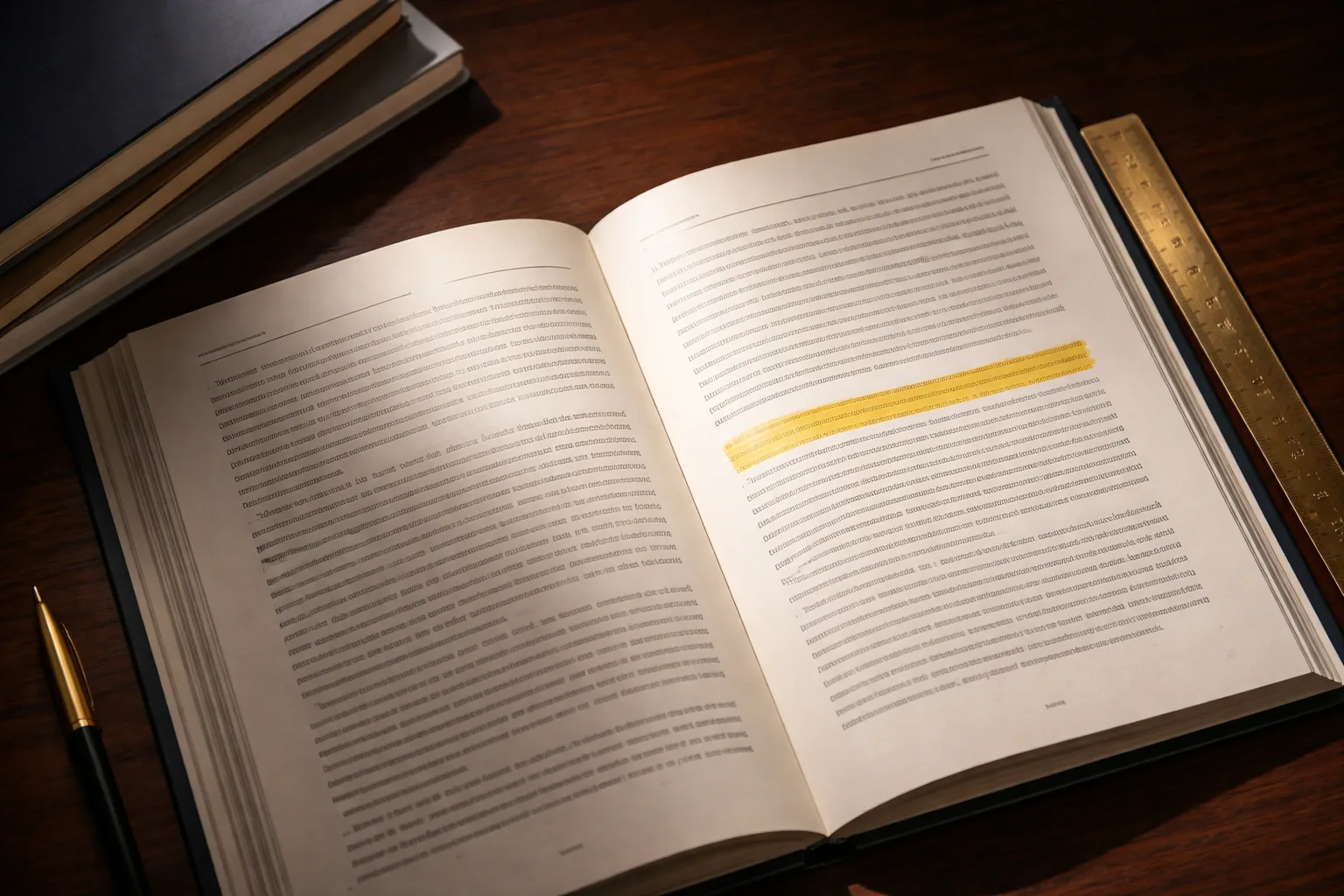 An open academic journal on a dark desk with one passage marked by a gold highlighter strip and a brass ruler alongside