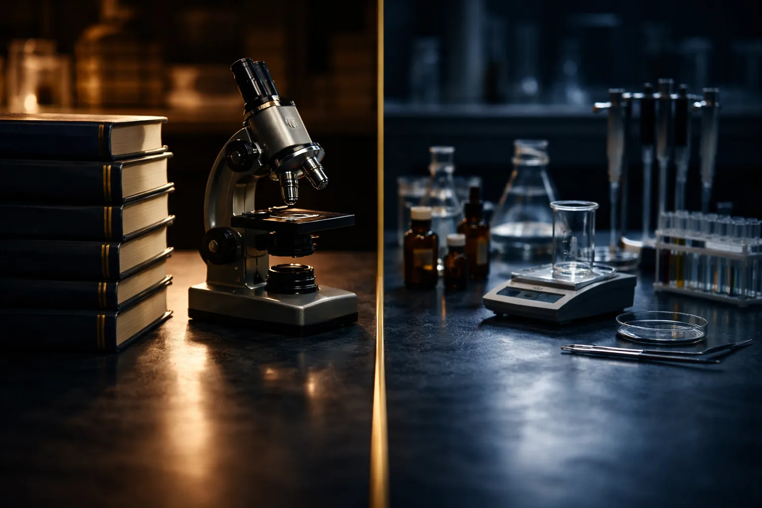 A laboratory bench split by a brass rail, concentrated equipment on one side and spread-out instruments on the other