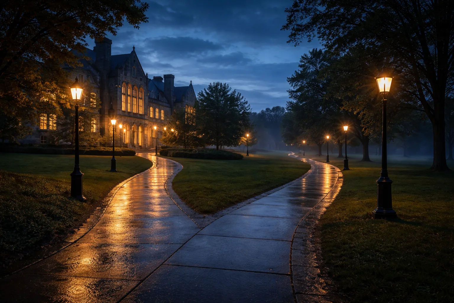 A lit campus walkway at dusk splitting into two branches, one toward a research building and one into open landscape