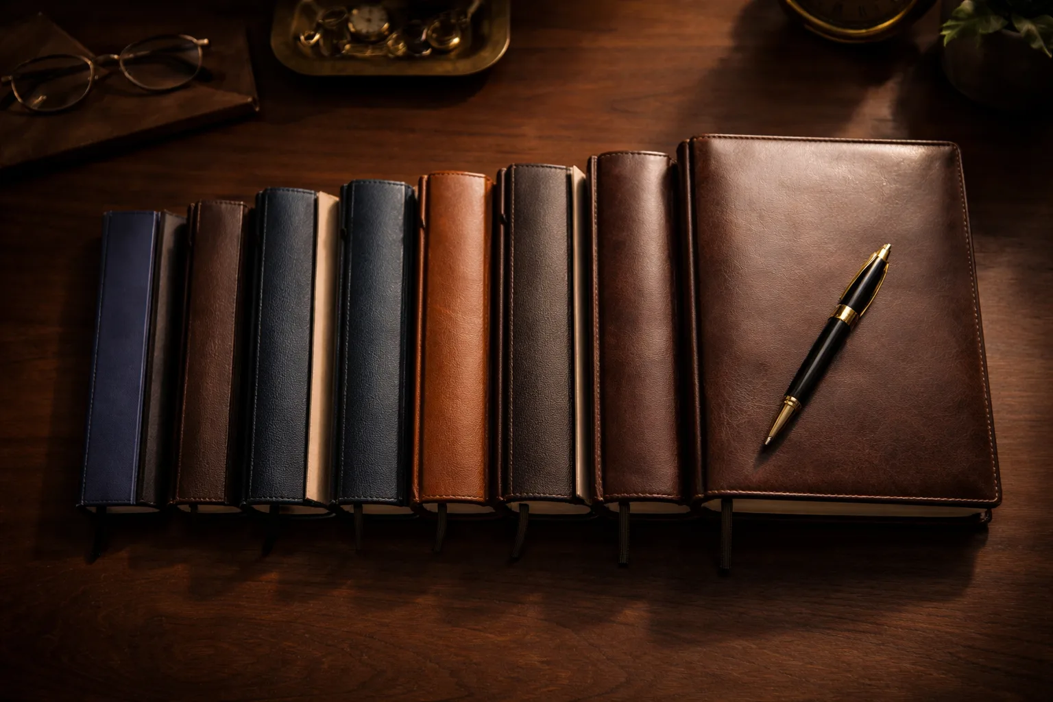 A row of dated notebooks arranged left to right on a desk, each fuller than the last, with a fountain pen on the most recent