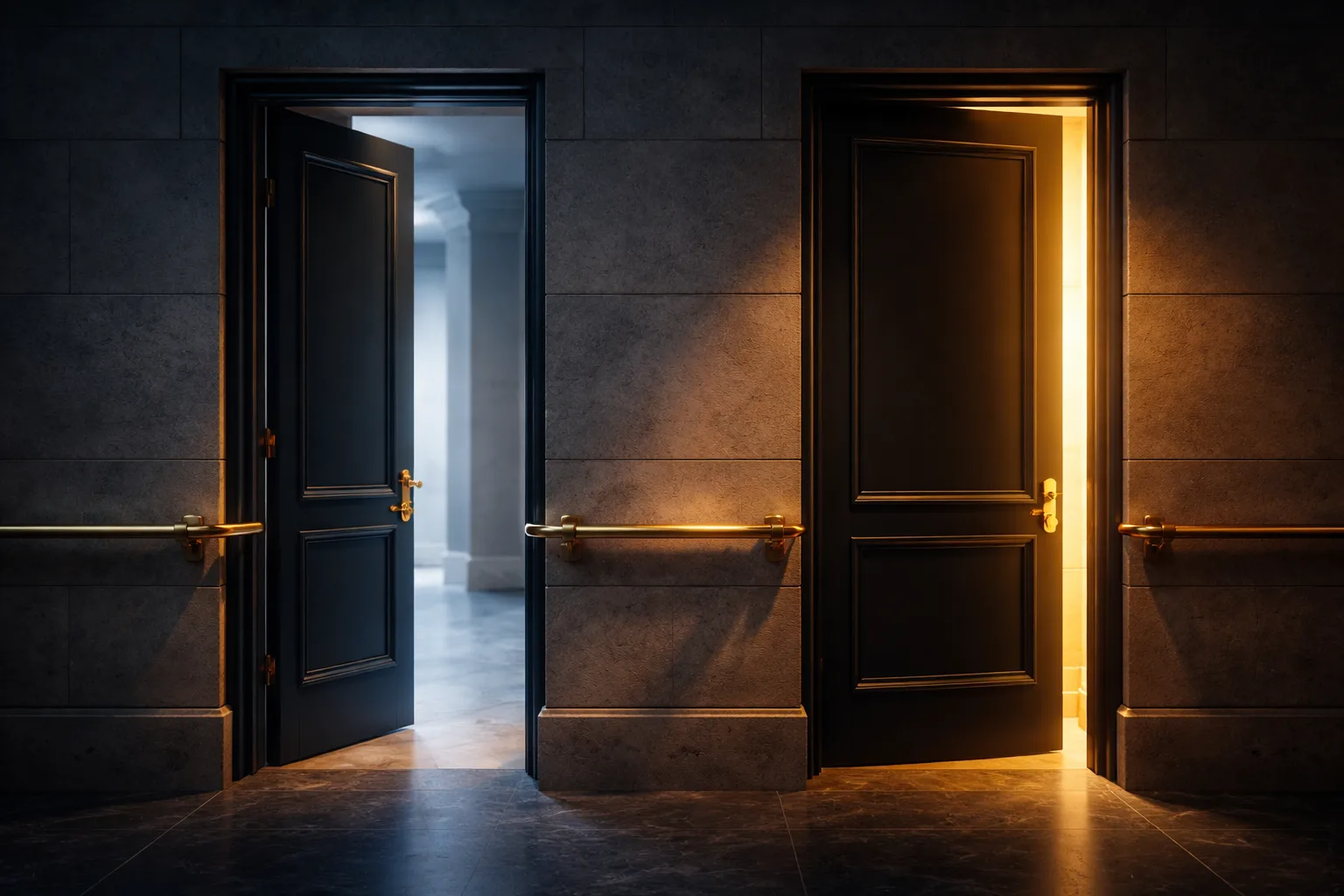 Two doors in a stone wall linked by a continuous brass rail, one open with cool light, the other closed with warm light around its edges