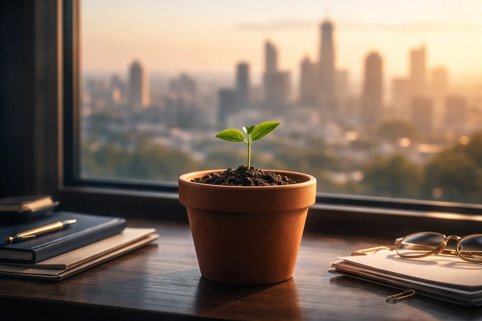 A small seedling in a pot sharply in focus on a desk, with a vast city skyline softly visible through the window beyond