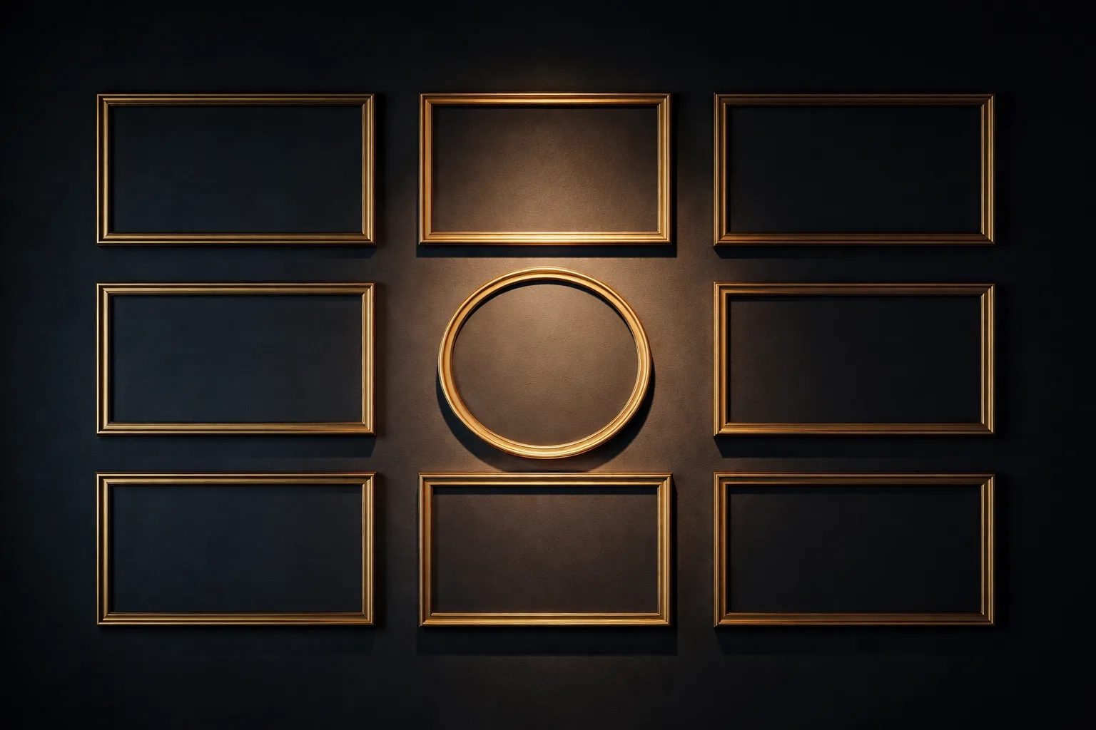 A grid of identical rectangular frame outlines on a wall with one round frame among them, lit to draw the eye