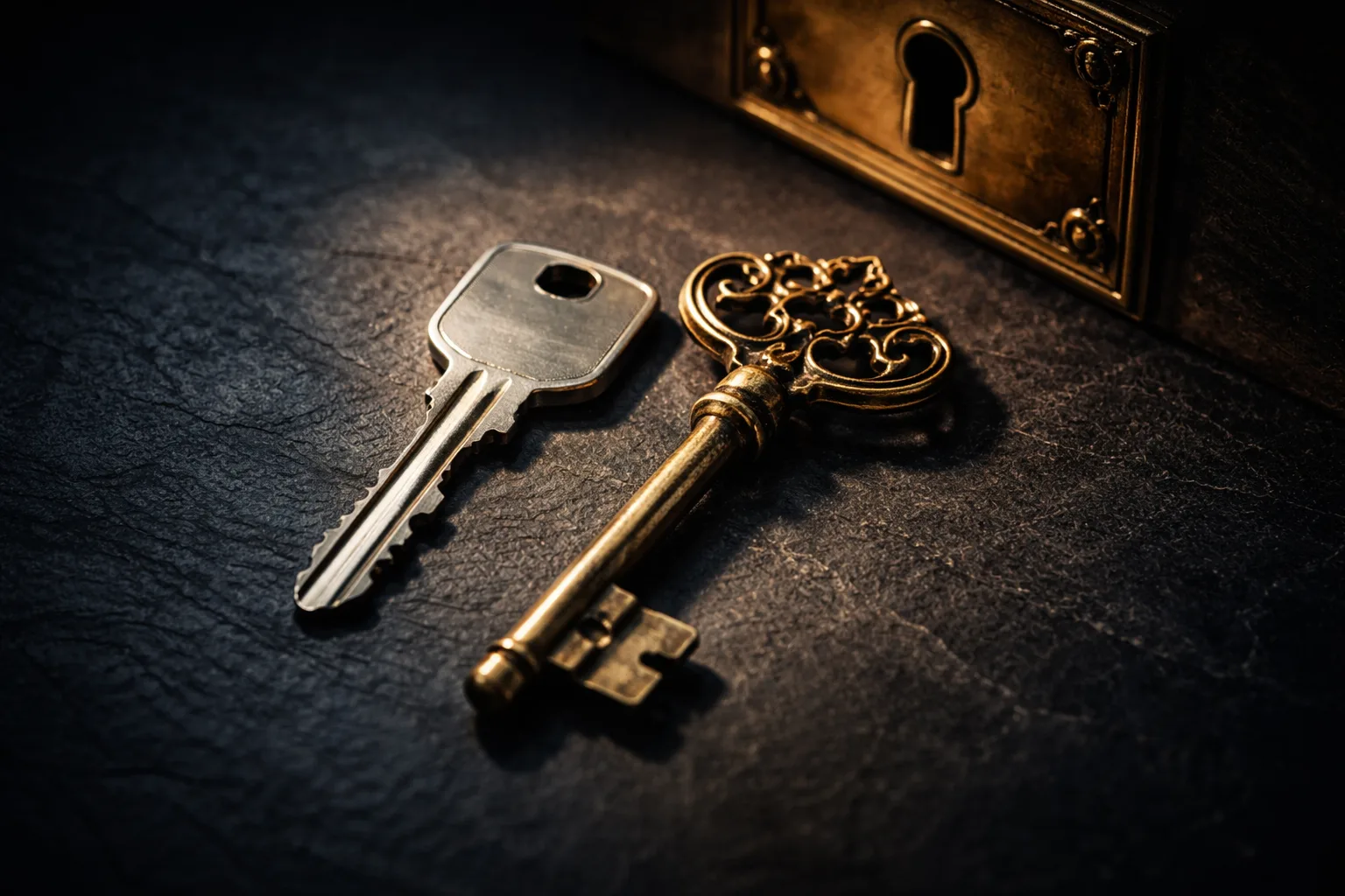 Two keys of entirely different design lying side by side, both angled toward the same keyhole in a brass plate