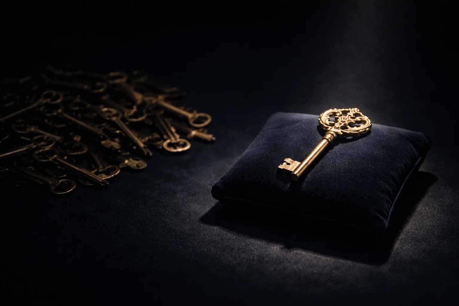 A single ornate key elevated under a spotlight beside a shadowed pile of many plain identical keys