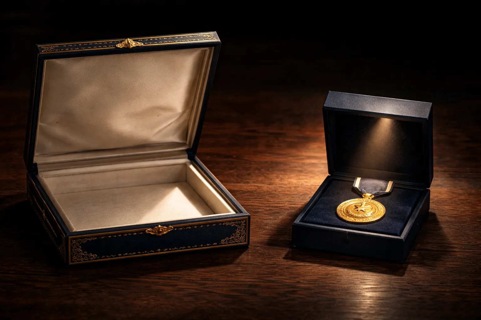 A large ornate presentation box sitting open and empty beside a small plain box holding a single lit medal