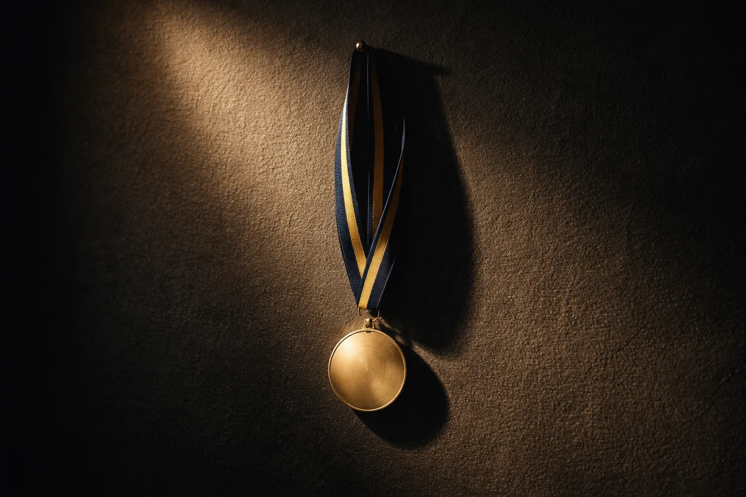 A single medal on a ribbon hung on a nail against a dark wall, lit from the side and casting a long shadow