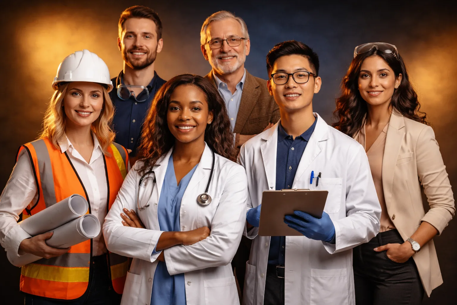 Group portrait of professionals from different fields, representing the range of candidates who qualify for EB-1A despite common myths.