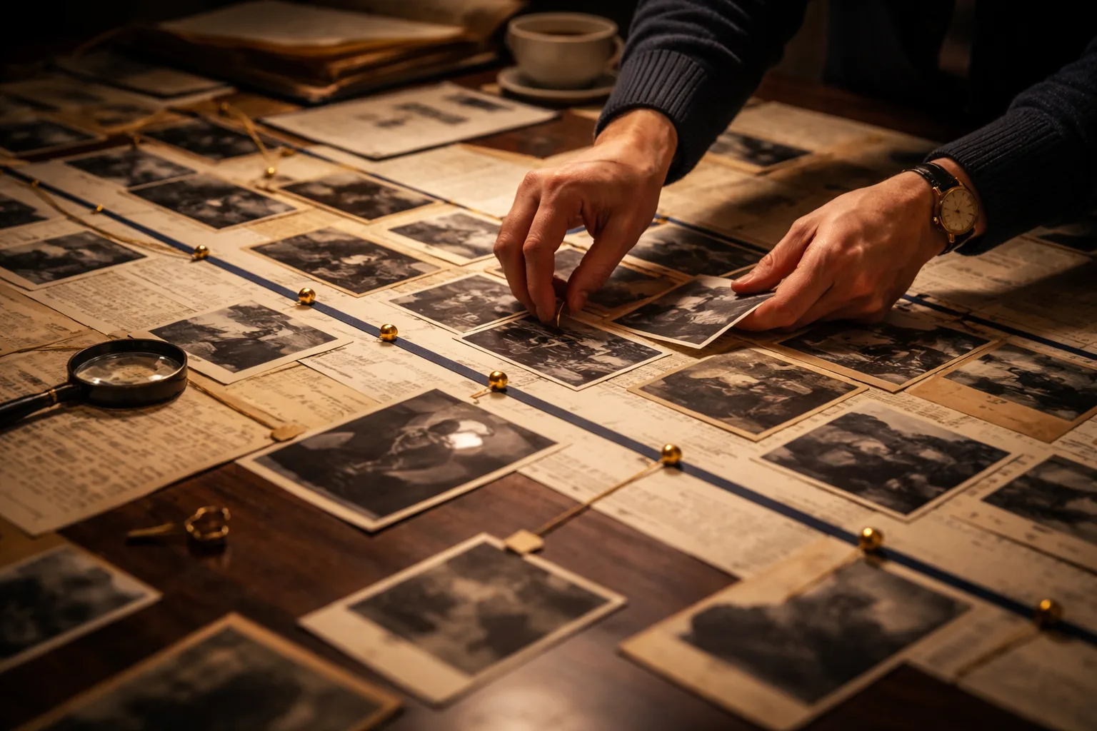 Hands arranging evidence along a timeline, representing how sustained acclaim is evaluated across time in an EB-1A case.