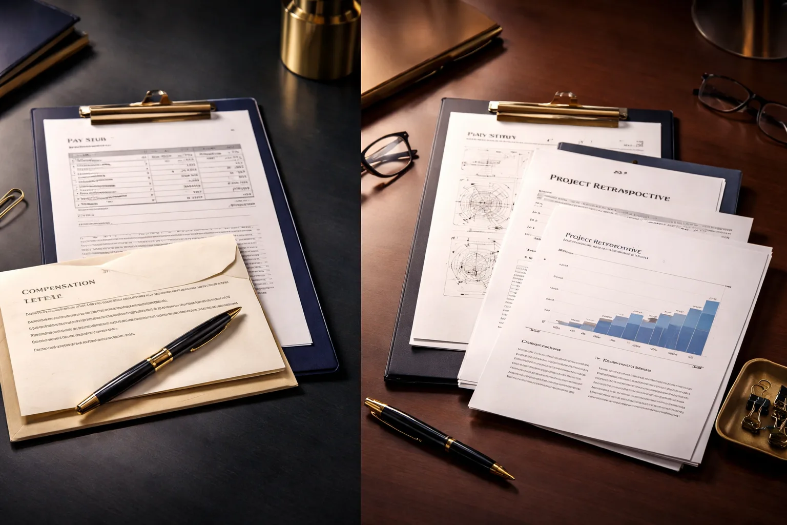 Compensation documents shown alongside technical evidence such as patents and project reports for an EB-2 NIW petition