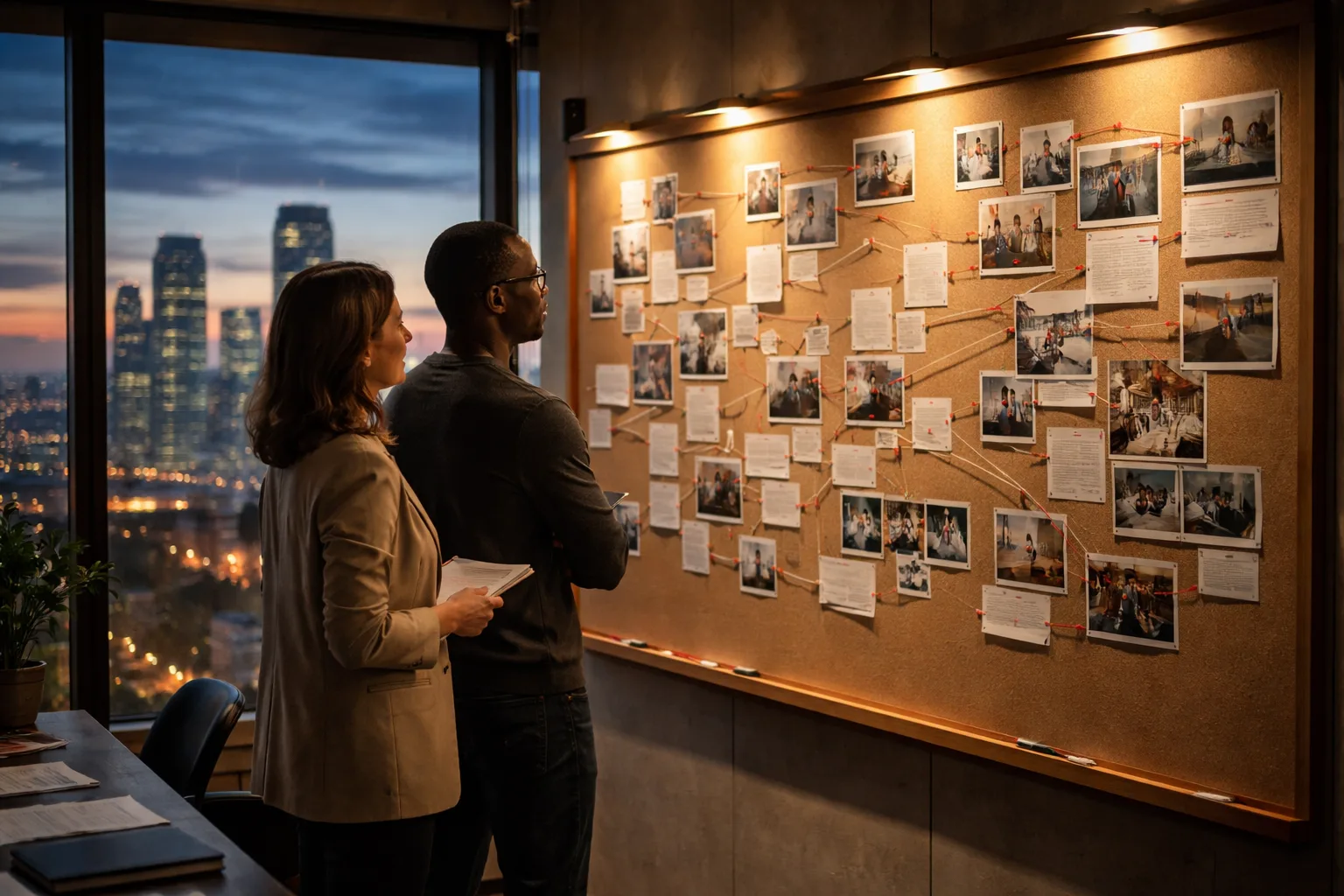 A researcher and communications strategist planning a timeline of upcoming media and speaking opportunities on a corkboard