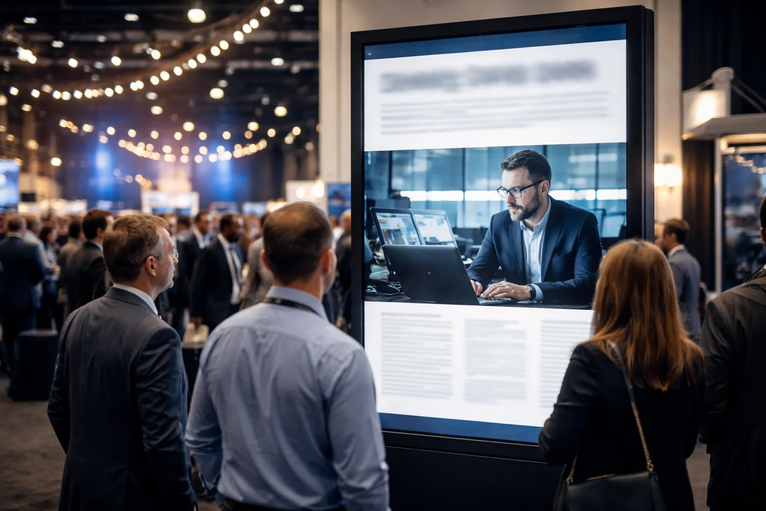 Conference attendees viewing a trade publication feature story about a security researcher displayed on a digital kiosk
