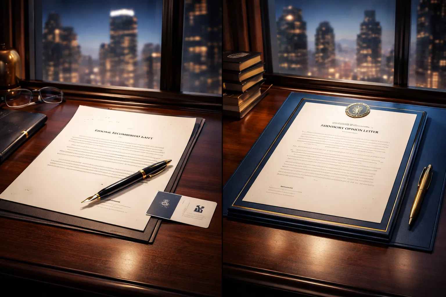 Editorial illustration contrasting a recommendation letter with a formal advisory opinion letter on a desk