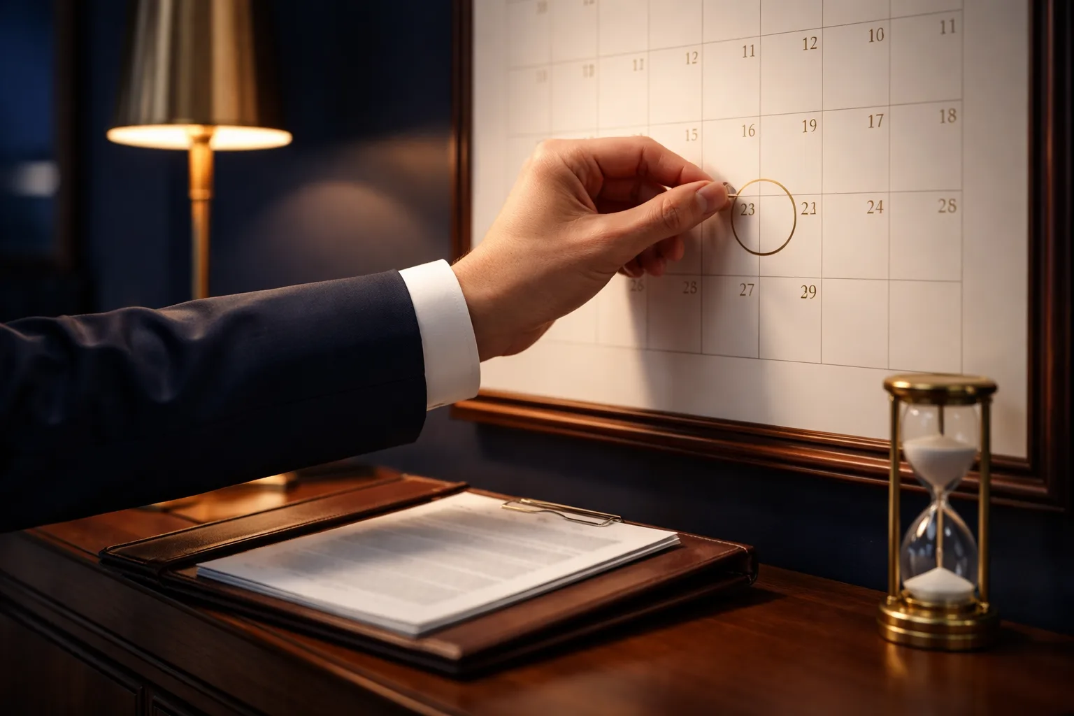 A hand placing a pin on a circled calendar date beside an immigration petition folder and an hourglass, representing a deadline-driven filing decision