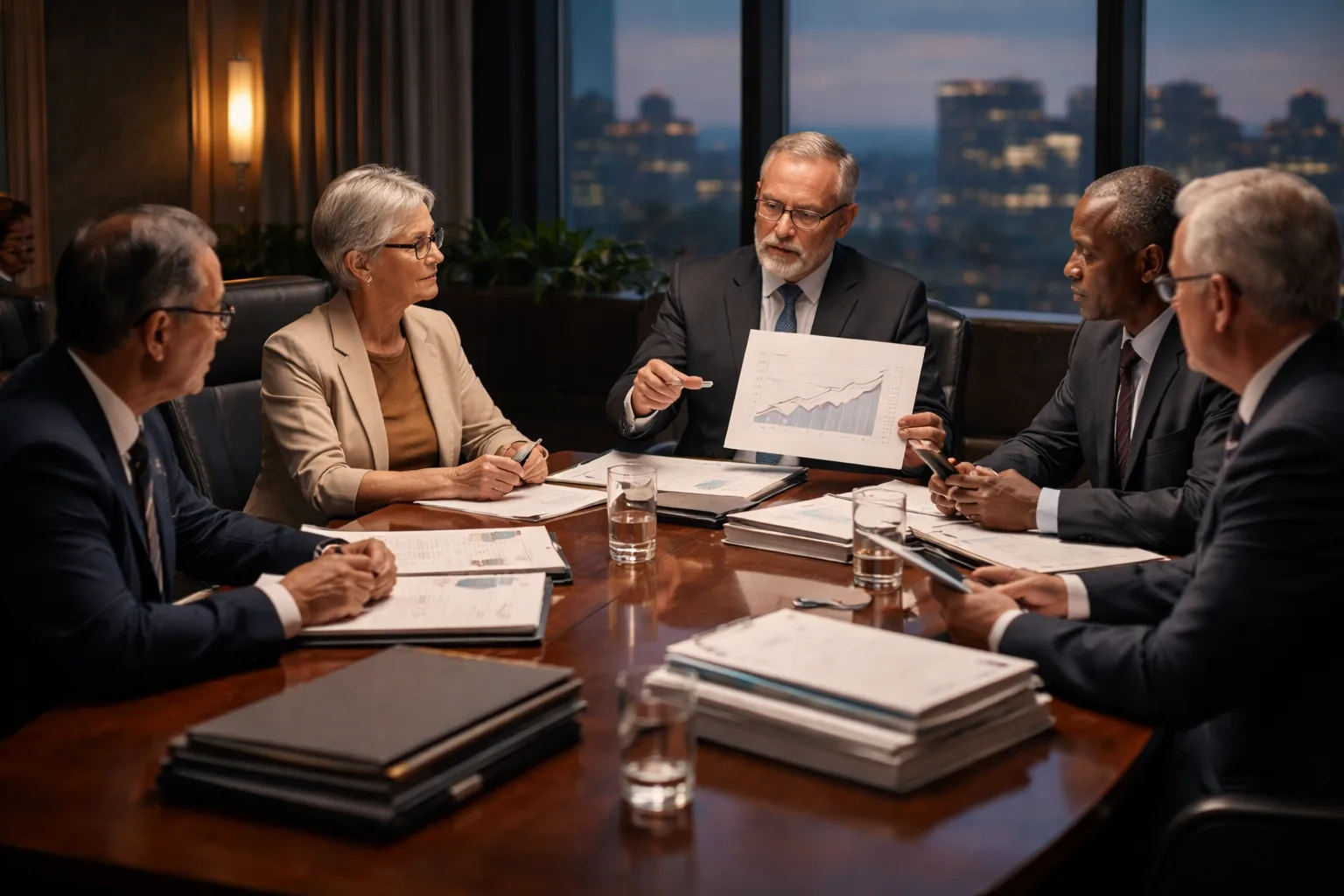 Editorial illustration of a technical standards committee reviewing actuarial manuscripts, symbolizing judging activity as EB-1A evidence