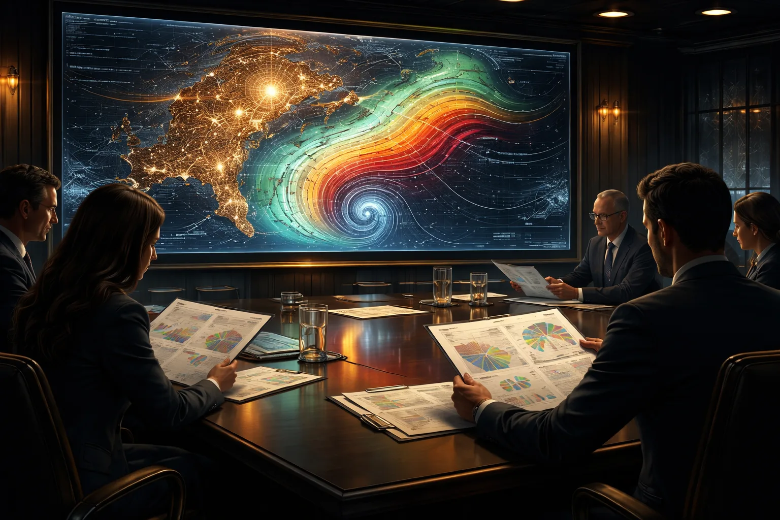 Editorial illustration of a reinsurance technical review room with a catastrophe risk model display, symbolizing original contributions adopted outside one's own employer