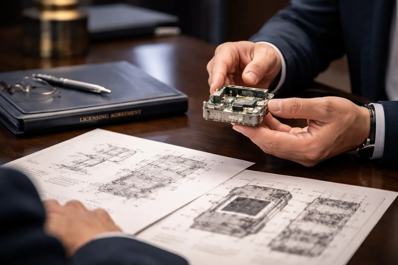 Hands reviewing a patented prototype device alongside technical diagrams and a licensing document