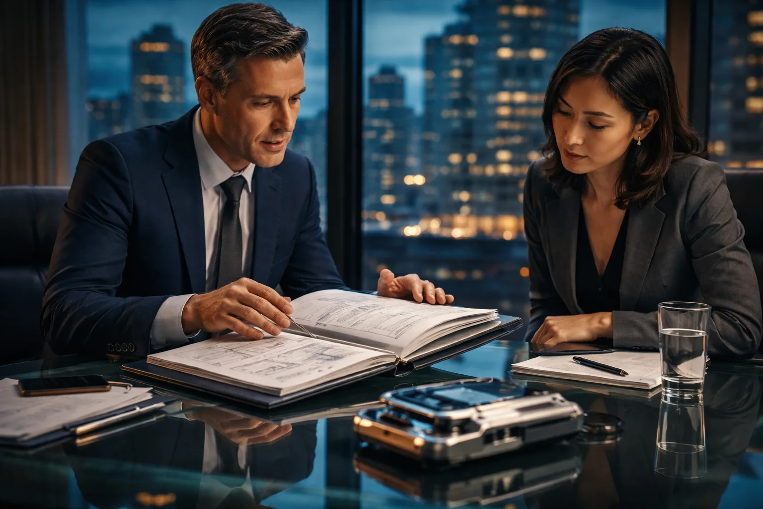 Two professionals reviewing a patent portfolio during a licensing discussion in a boardroom