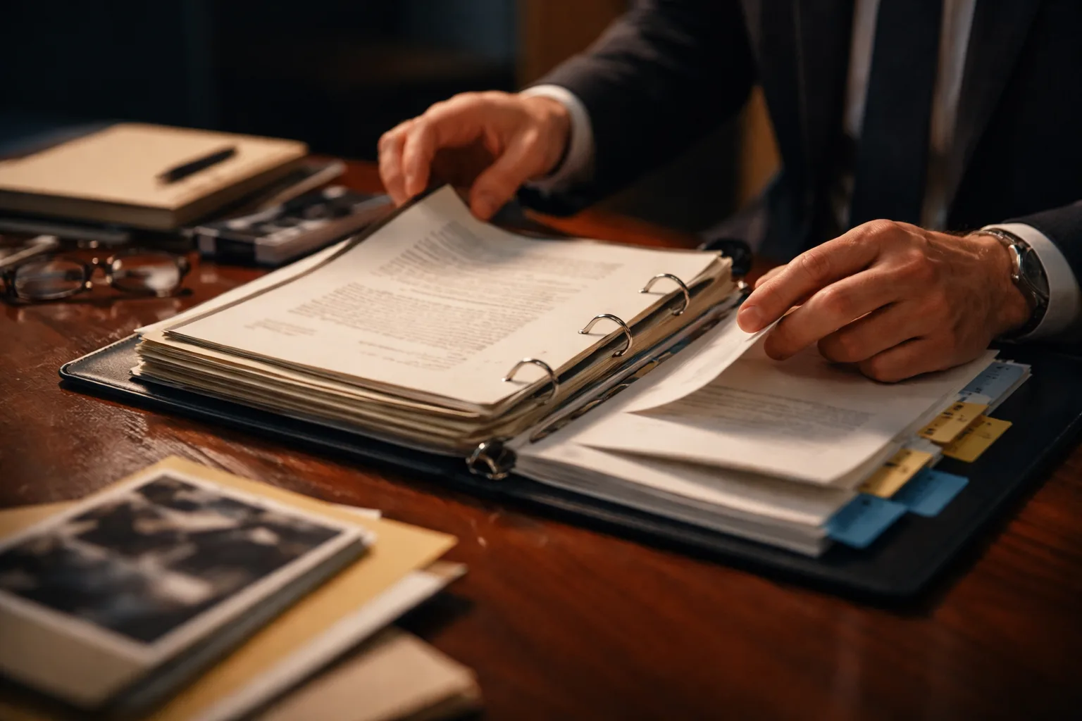 Hands sorting through a tabbed evidence binder while reviewing a formal case decision