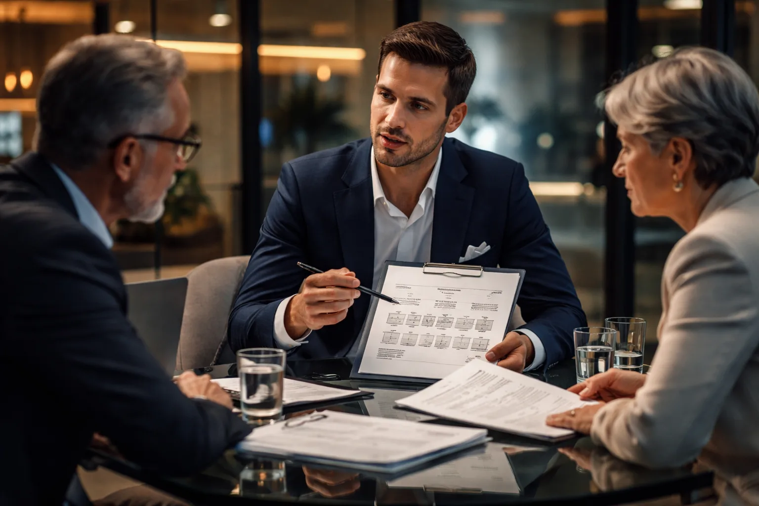 A founder and board members reviewing an employment structure agreement in a modern office