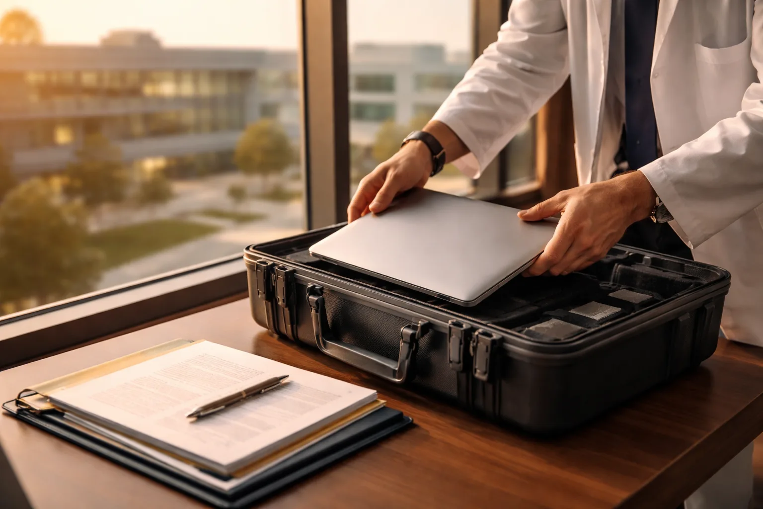 A visiting researcher preparing travel documents for a collaborative research assignment