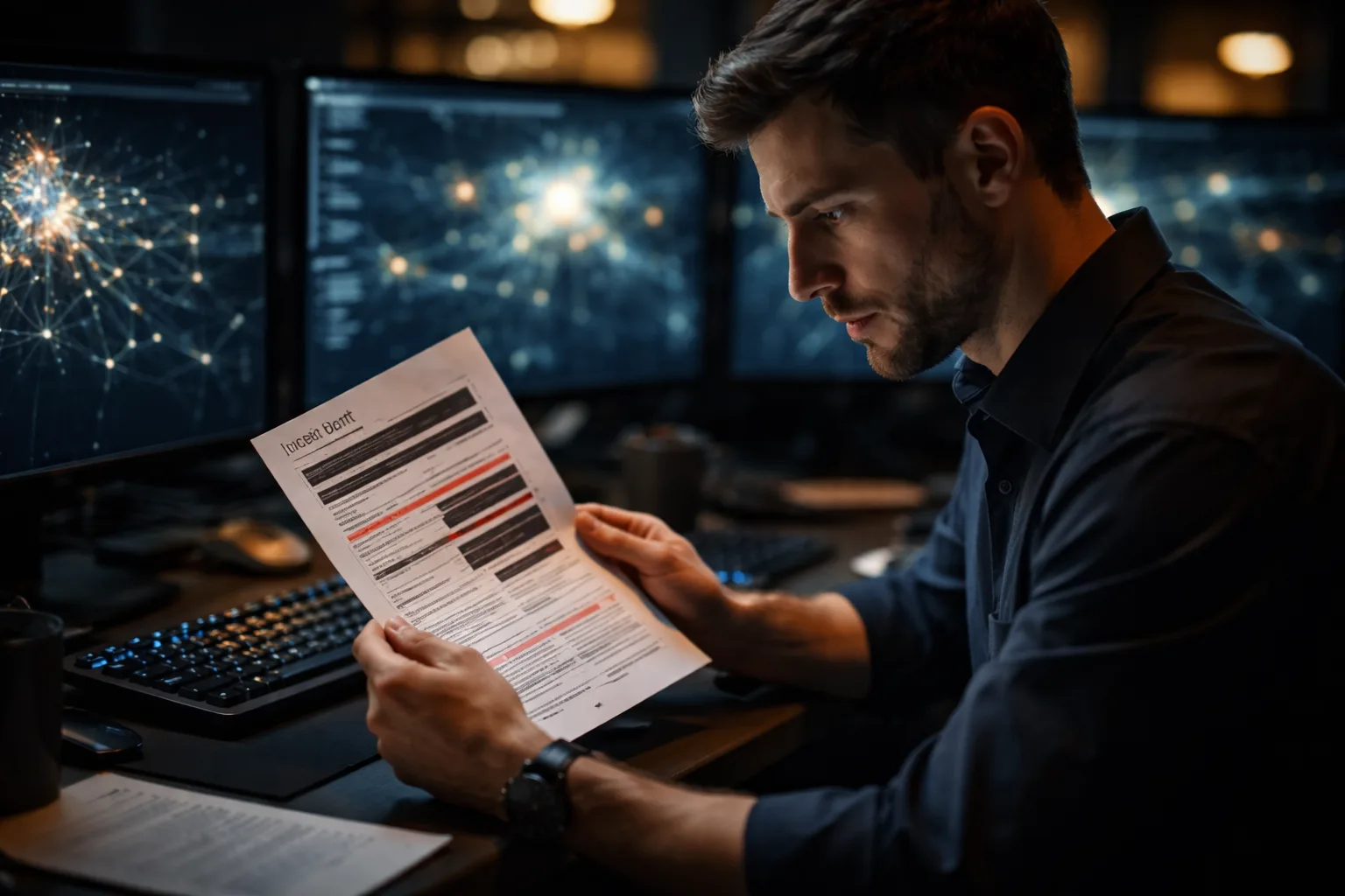 A cybersecurity analyst reviewing a redacted incident report at a secure workstation